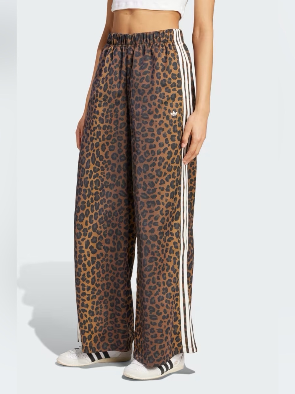 adidas Brown Leopard Print Wide-Leg Track Pants with White Stripes